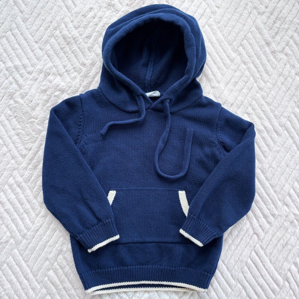Minnow Size 2T Navy Cotton Knit Hoodie Sweater Cream Trim Pocket Pullover Kids
